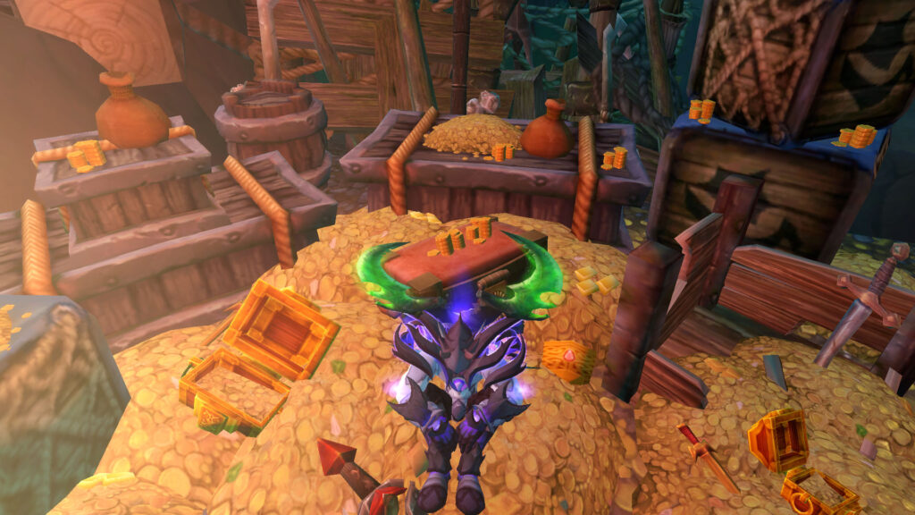 WoW the night elf is sitting on a mountain of gold